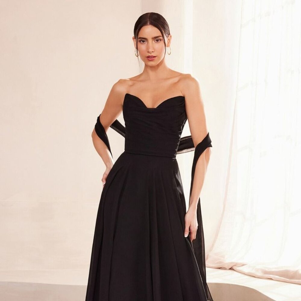 New A-Line Strapless Chiffon Dress w/ Scarf Accessory & Lace Up Back CD T703